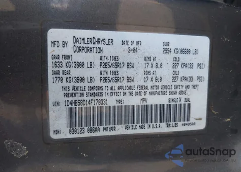 2004 Dodge Durango Limited из США, поврежденный, VIN 1D4HB58D14F178331